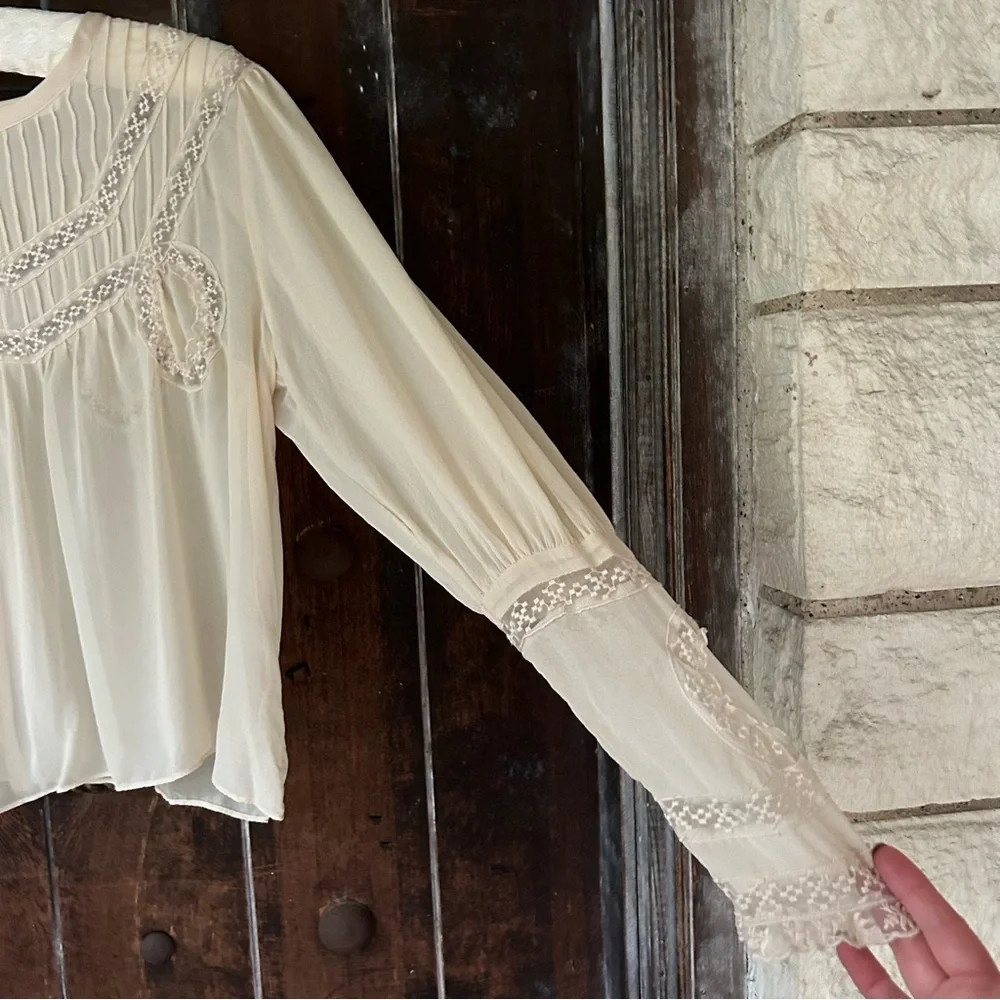 LoveShackFancy | Lace pin tucked Top Blouse Cream Puff Sleeve S